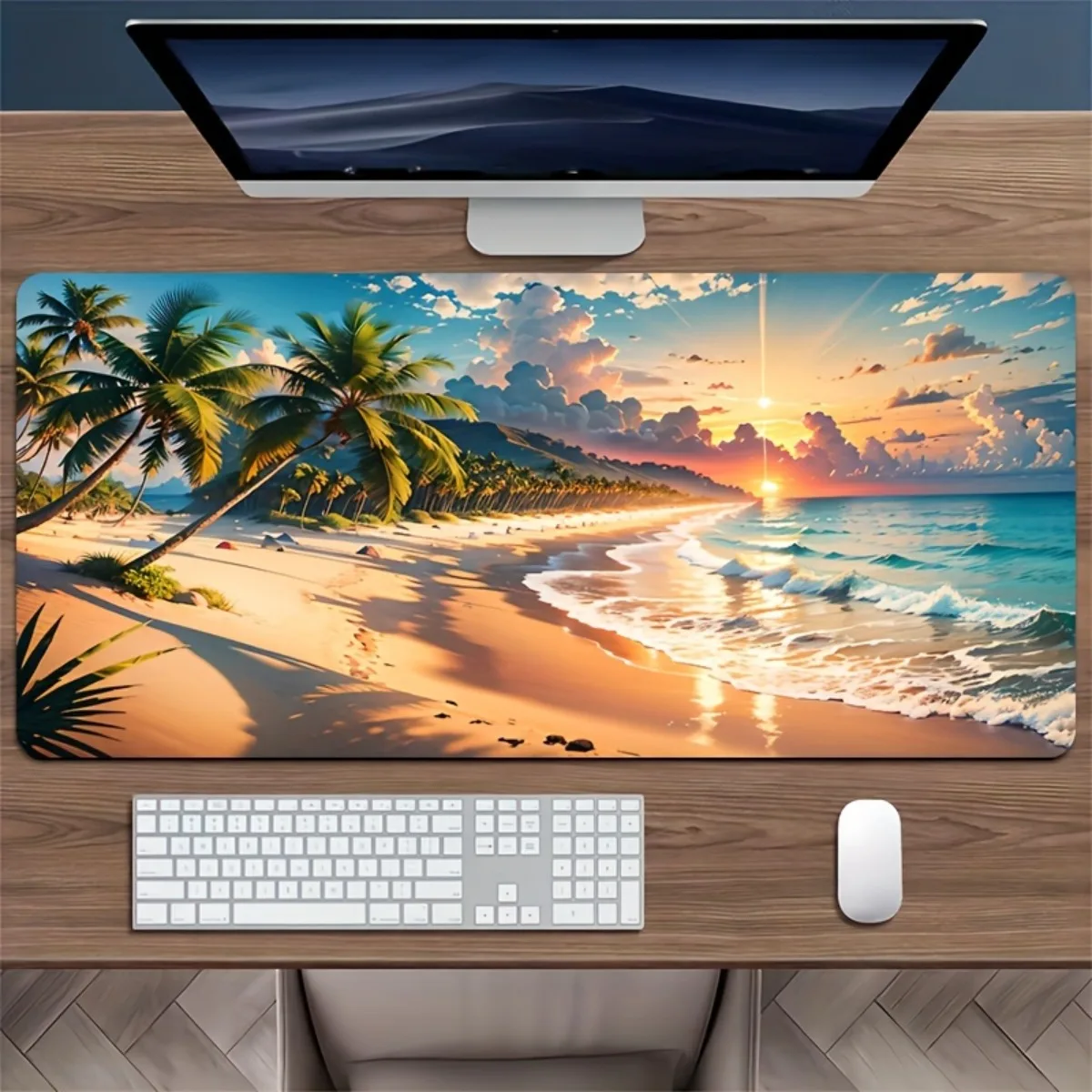 Smooth Rubber Desk Mat Comfortable Easy Wash Non Slip Mousepad Sturdy Edge Locking Tropical Palm Tree For Gaming Office