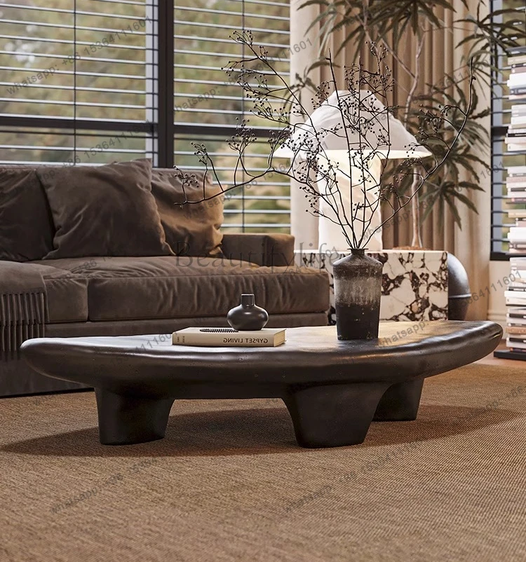 

Средневековый журнальный столик ваби с бесшумным ветром из гальки, креативный ретро-гостиный овальный минималистичный черный журнальный столик специальной формы, столик