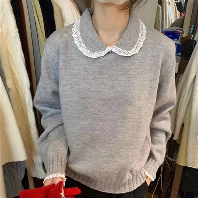 

Корейский трикотаж с милым кукольным воротником и кружевной отделкой, женский осенне-зимний мягкий уютный универсальный модный топ, теплый длинный свек