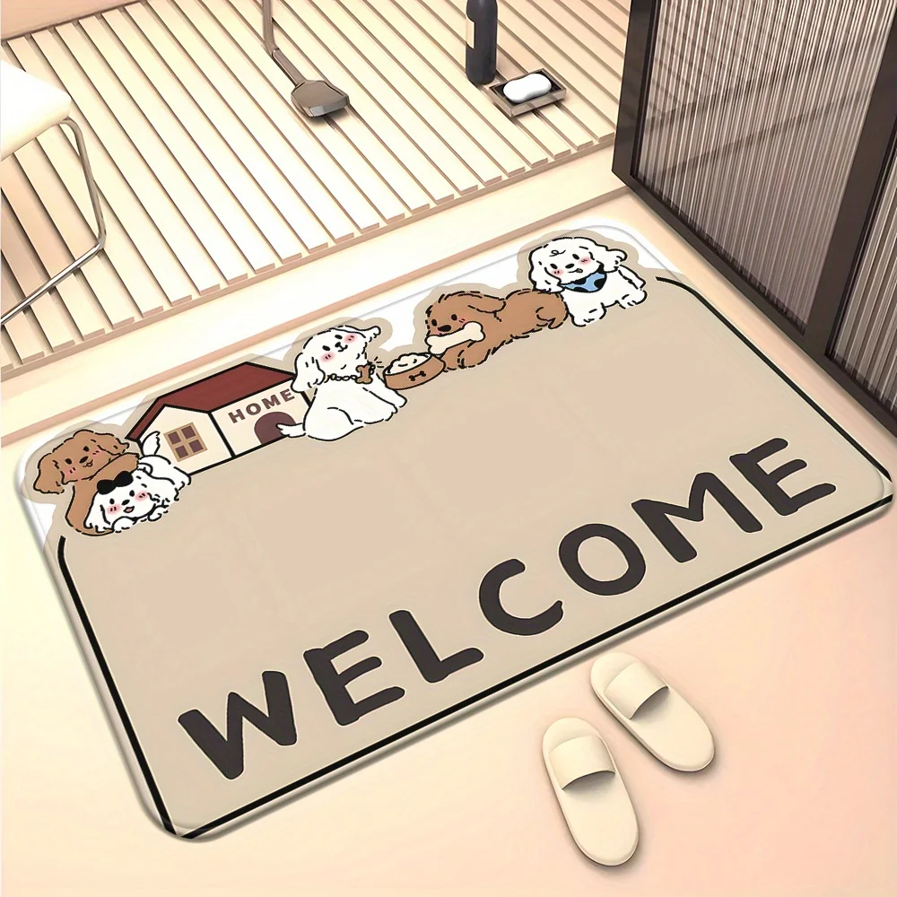 VIKAMA Cartoon Puppy Welcome Doormat Cute Dog Family House Print Non‑Slip Washable Multi‑Size Entrance Mat Indoor Home Decor Rug