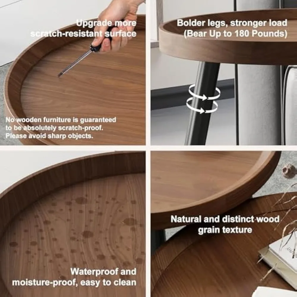 2 PCS Small Round Coffee Table, Walnut Nesting Tables for Small Spaces, Mid Century Modern Centre Table, Easy Assembly Circle Co