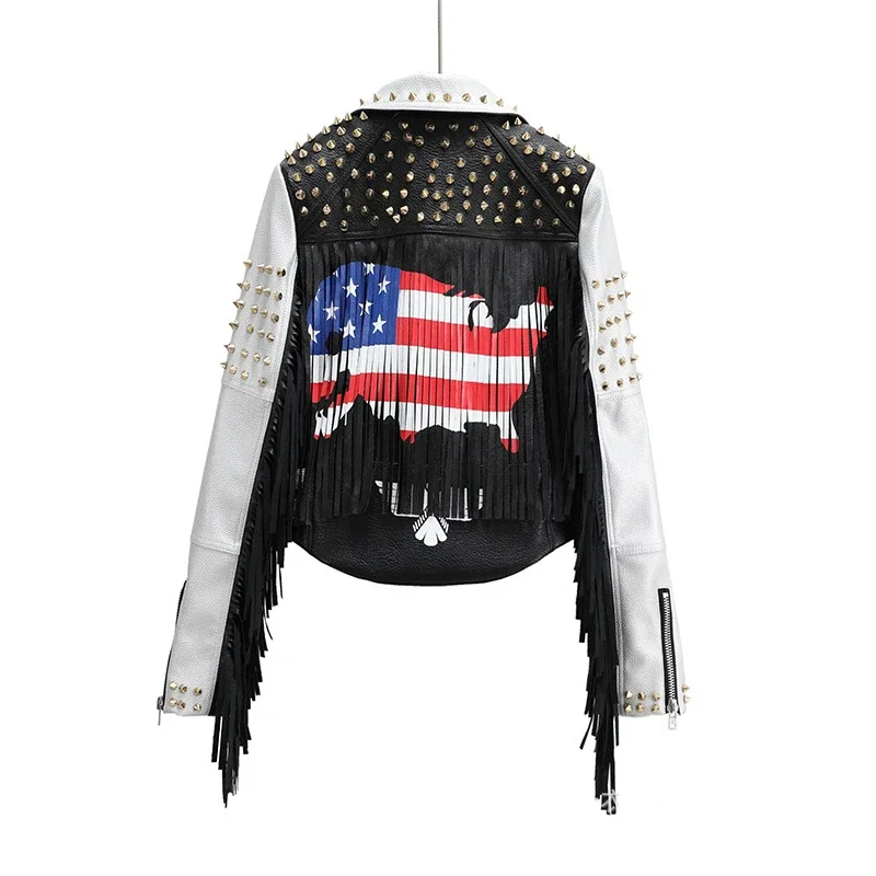 Contrast Graffiti Print Fringed Leather Jacket Women 2024 New Streetwear Slim-fit Zipper Cropped Punk Studded Motorcycle Jacket