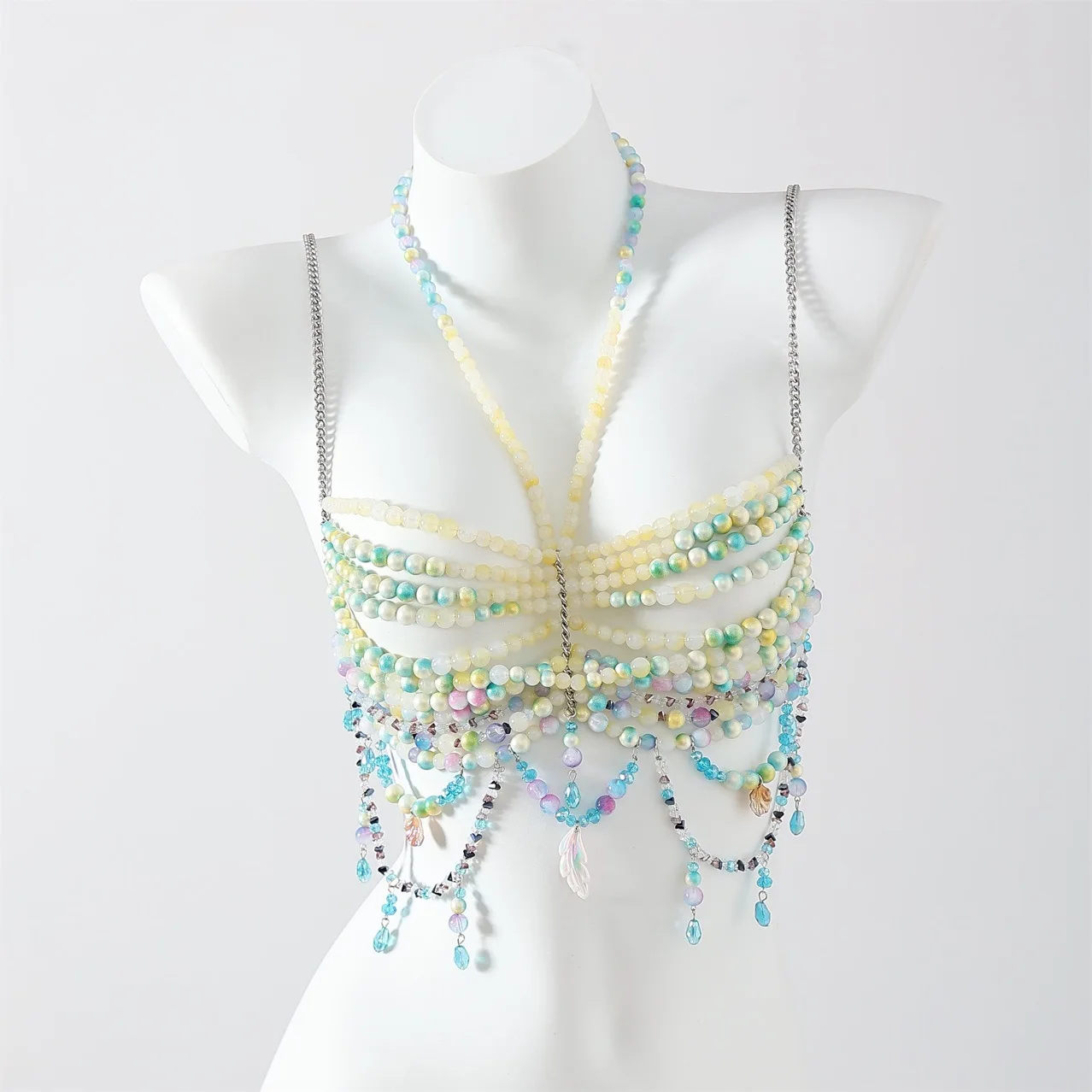 Fashionable casual beaded top, sexy bra body chain, backless halter neck beaded pearl bustier, Hawaiian vacation party