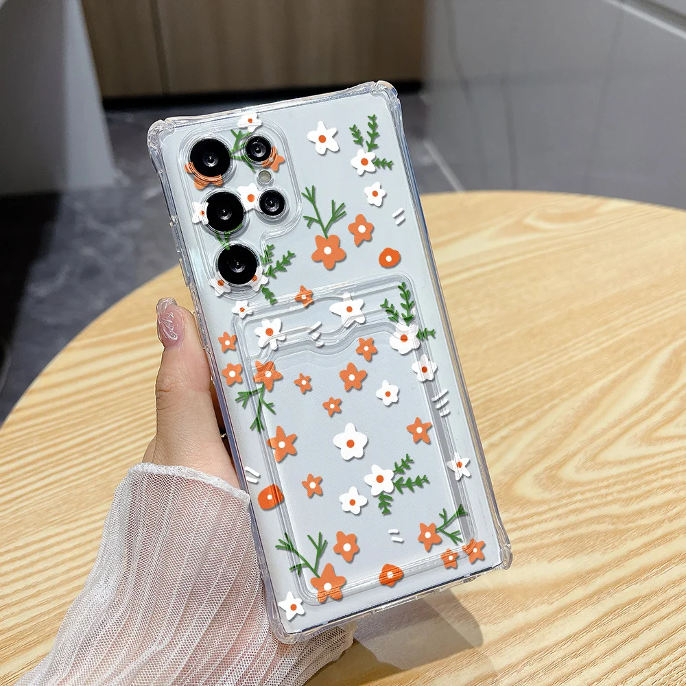 삼성 갤럭시 S25 울트라 S24 FE S23 플러스 S22 A06 A05s A05 실리콘 소프트 충격 방지 꽃 Funda 커버에 대한 카드 홀더 전화 케이스