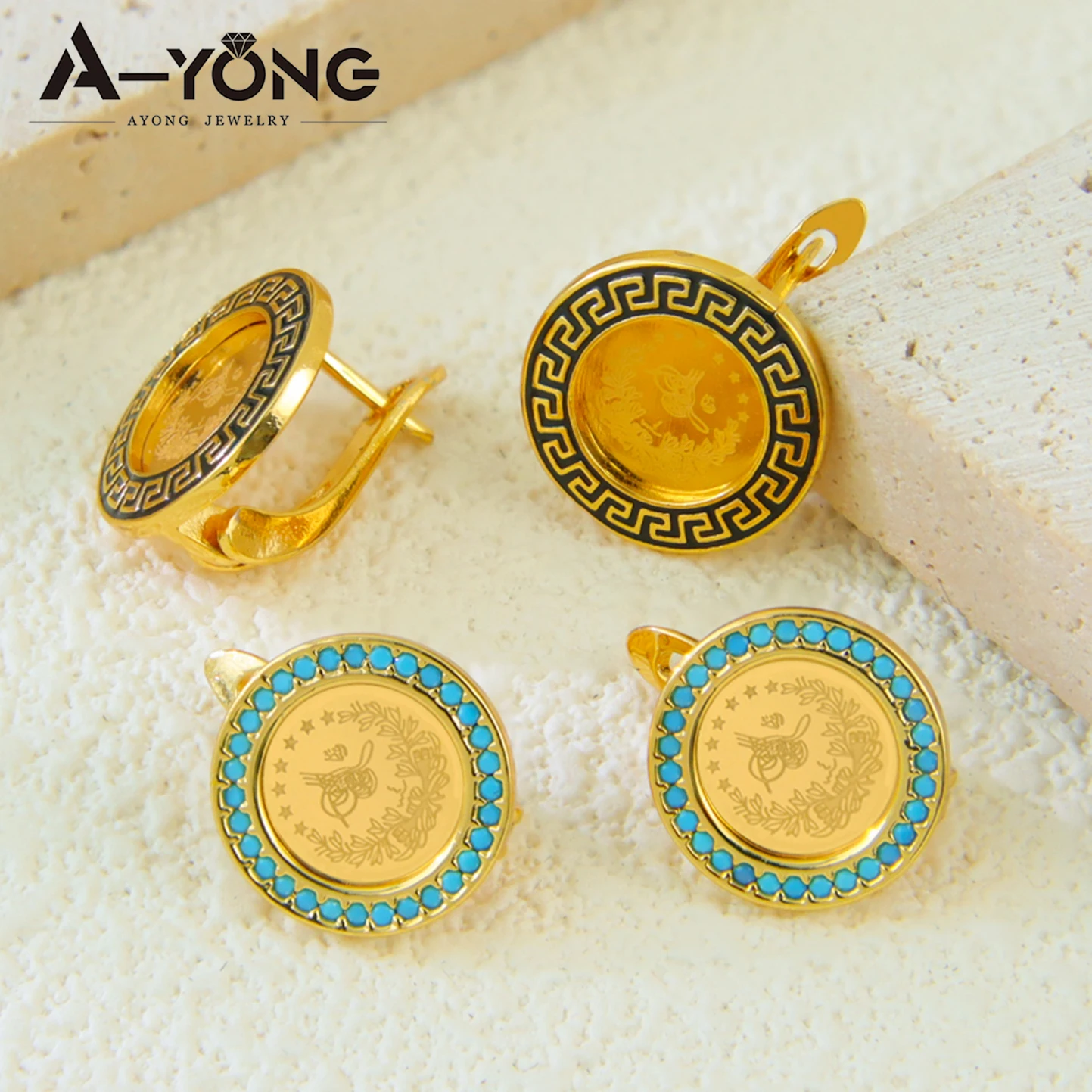 Fashion Turkish Coins Stud Earrings 21k Gold Plated Italian Luxury Round Ear Nail Dubai Women Wedding Party Jewelry