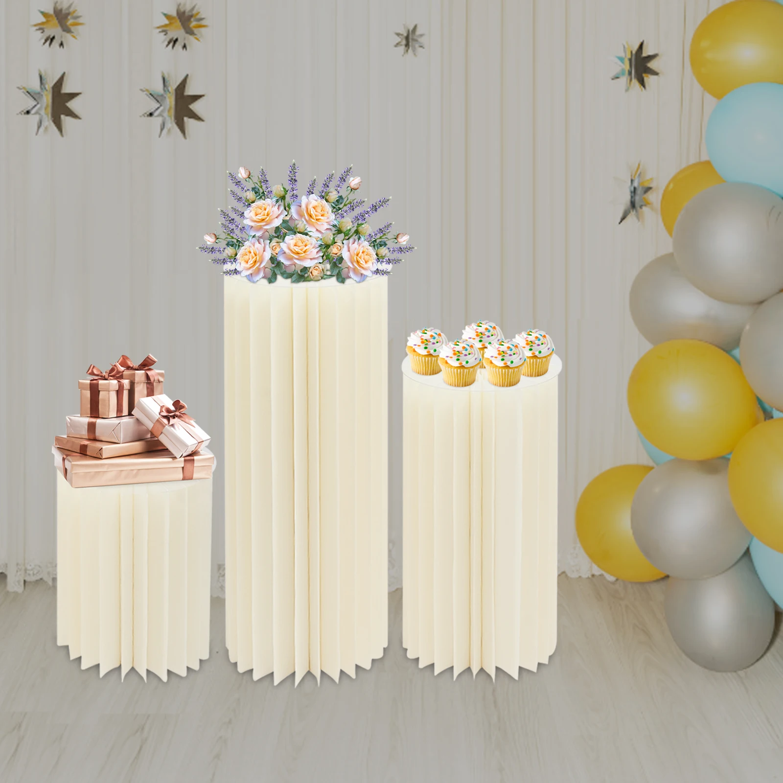 

Modern Cardboard Flower Stand Set 3 Different Heights, Clear PVC Plates & Smooth Edges For DIY Backdrops & Events