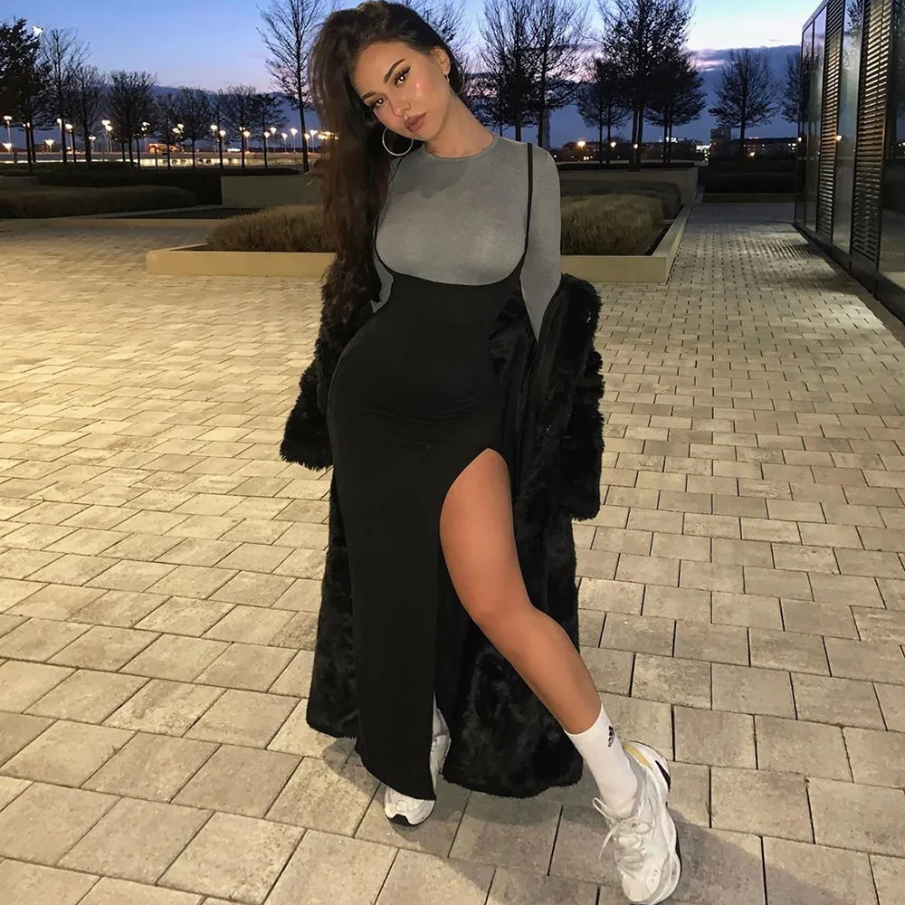 European and American Style Autumn and Winter New Women's Suspender Cross Exposed Back Sexy Slit Slim Fit Dress for Women image 3