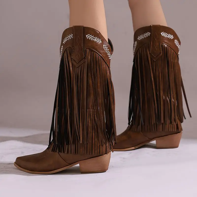 Girseaby Fringe Slip On Western Cowboy Bota Embroider Plus Size 46 47 48 Women Knee High Boots Pointed Toe Block Heels 4.5cm