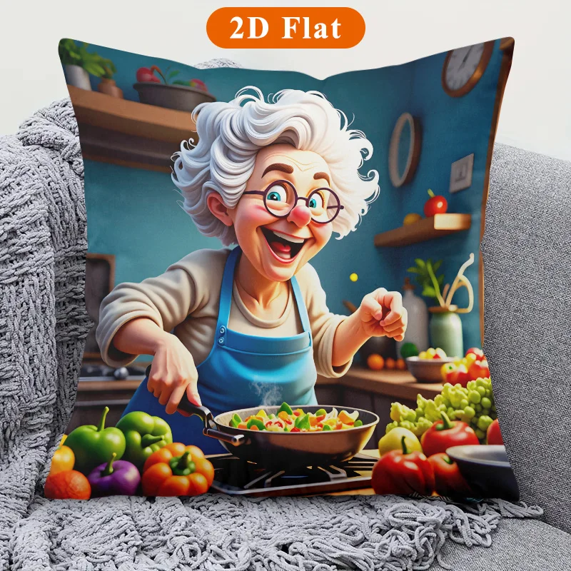Funny Grandma Cooking Pillow Case, Happy Chef Kitchen Decor, Colorful Vegetable Art, Cute Home Cushion Cover, Warm Gift for Her
