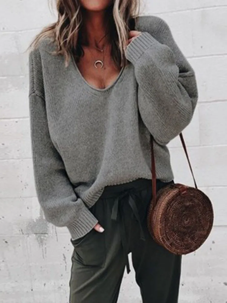 Casual Knitted Sweater Women Streetwear V Neck Long Sleeve Pullovers Loose Solid Coat 2024 Autumn Winter Fashion Women\'s Sweater