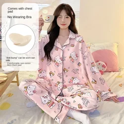 Sanrio Hello Kitty Autumn Ice Silk New Long Sleeve Trousers with Chest Pad Women's Pajamas Silk Pajamas Women's Loungewear Set