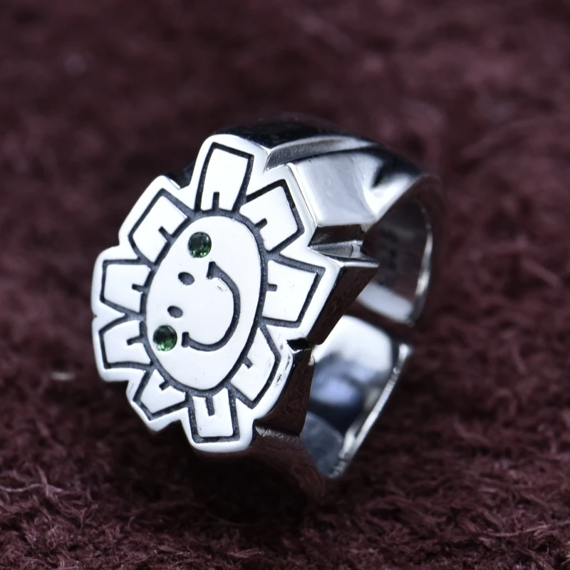 Genuine S925 Sterling Silver Rings for Women Men New Fashion Sunflower Smiling Face Punk  Jewelry Adjustable Size Wholesale