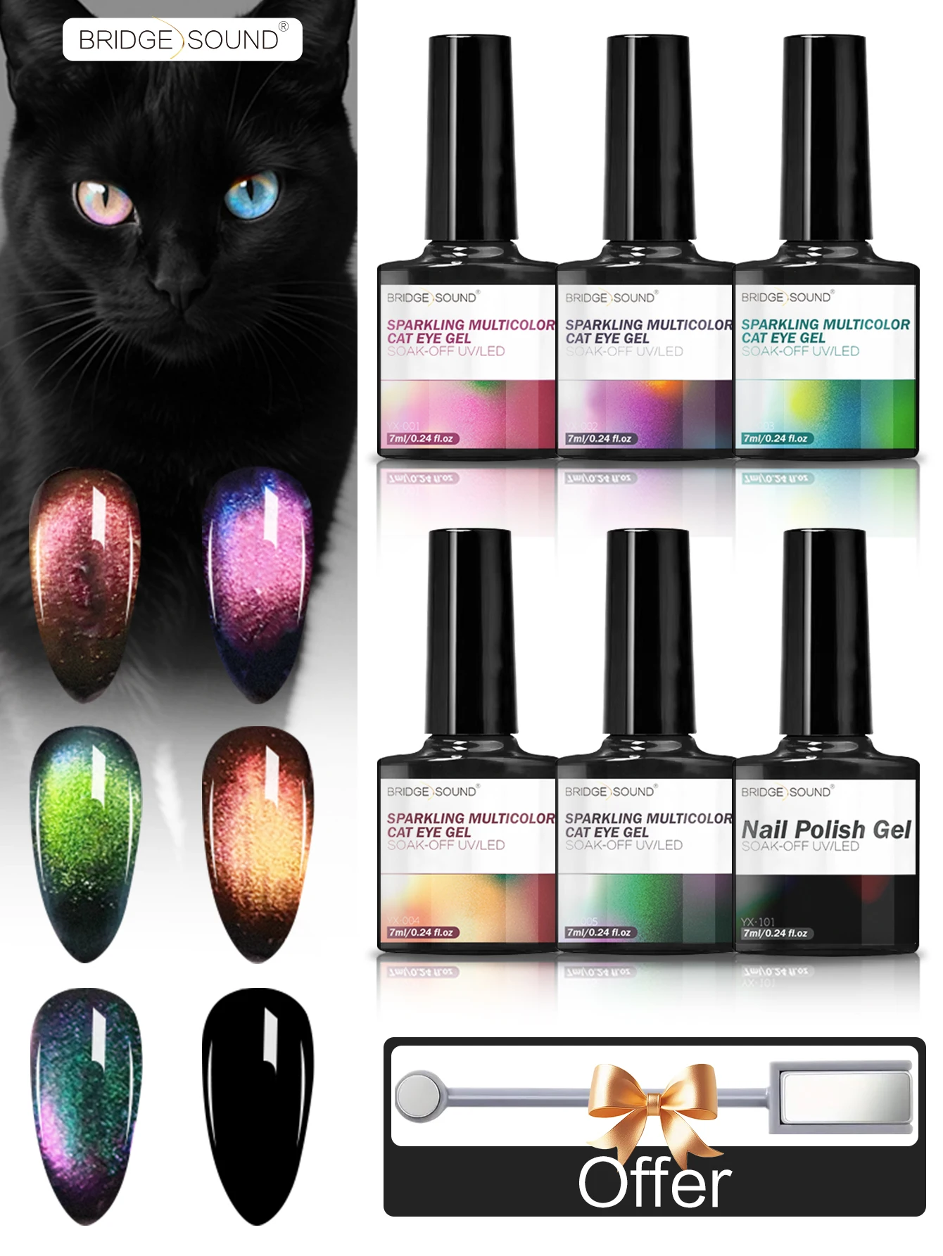 BRIDGESOUND 1/6개 스파클링 캣 아이 젤 세트(자석 스틱 포함), DIY 네일 아트 키트.UV/LED 경화, 다이나믹 멀티컬러 쉬머&스파클