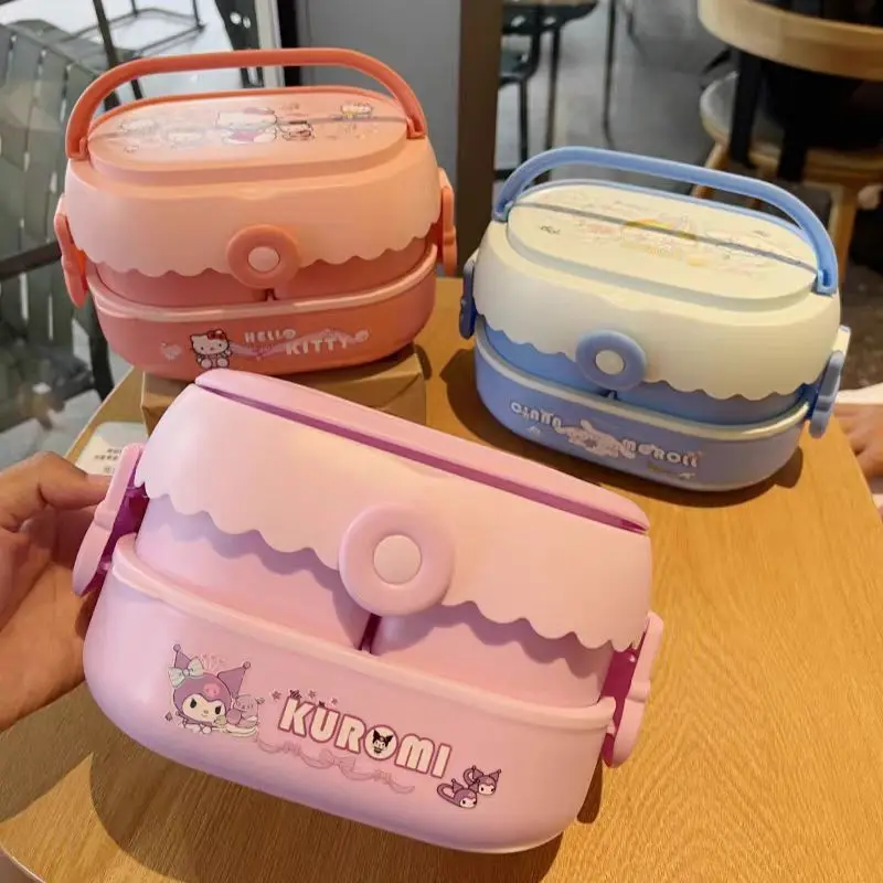 Cute Sanrio Portable Bento Box Kawaii Hello Kitty Kuromi My Melody Cinnamoroll Student Cartoon Double Decker Lunch Box Girl Gift