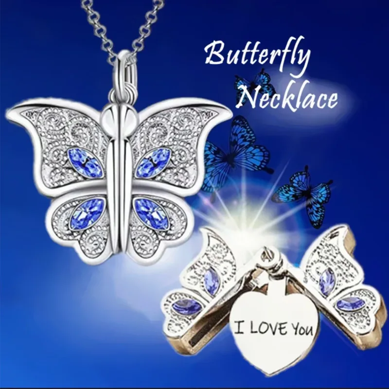 European and American Fashion Butterfly Necklace for Women I Love YOU Necklace Can Open Pendant Women\'s Jewelry Accessories