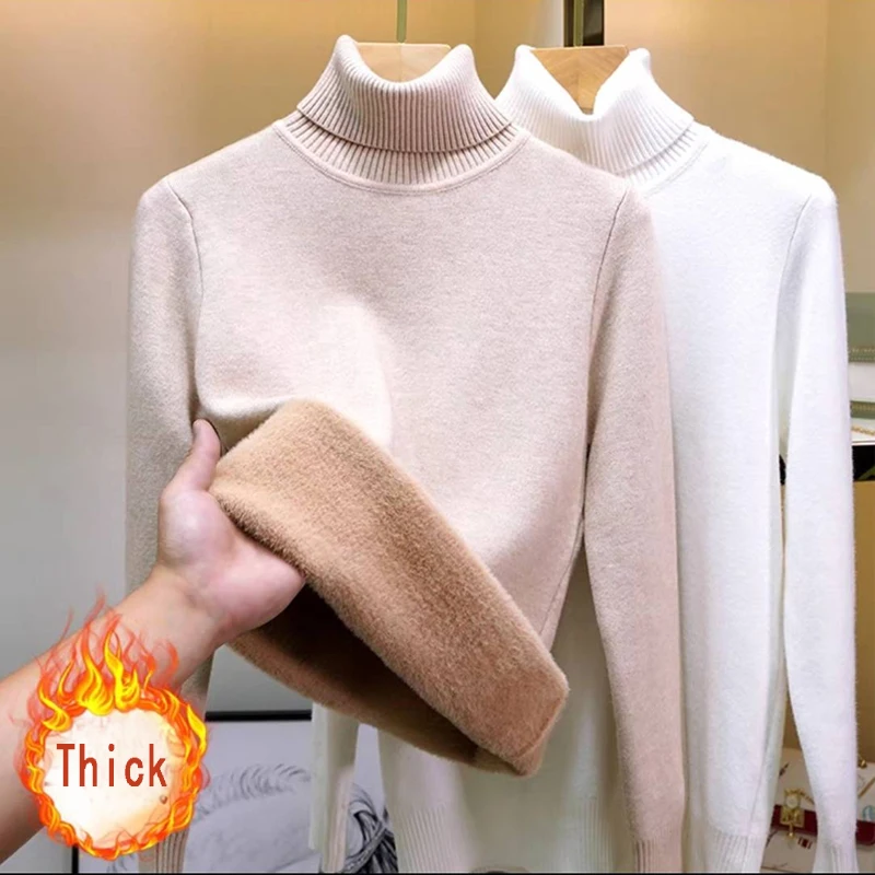 

Warm Velvet Knitted Pullover Turtleneck Sweater Women Fashion Long Sleeve Jumper Knitwears Autumn Winter Thick Clothing 28205