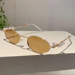 Vintage Luxury Brand Designer Small Metal Frame Oval Diamond Sunglasses Women For Men 2024 Sun Glasses Trend Punk Popular Shades