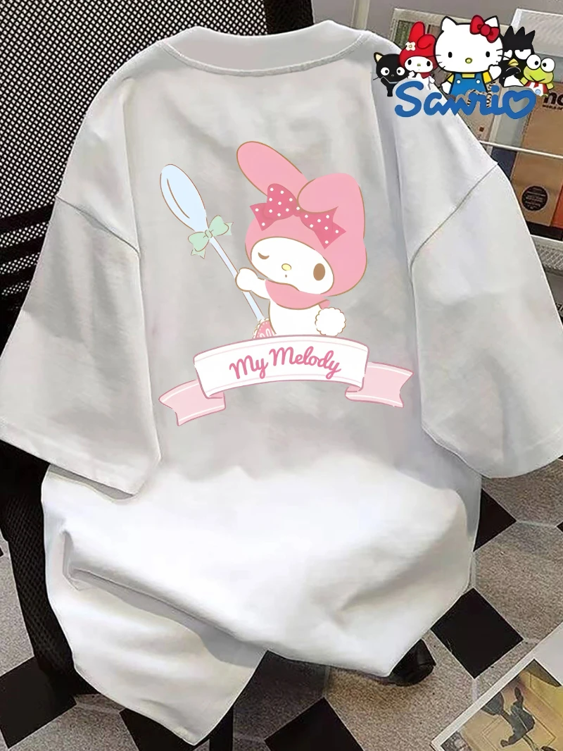 Sanrio Women's Cute Melody Rabbit Anime Printed Cotton Comfortable Loose Fashion T-shirt Short Sleeve Round Neck Casual Top