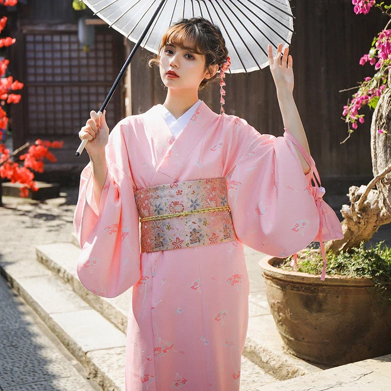 Women Japanese Traditional Kimono Classic Elegant Formal Yukata Pink New Year Festival Dress Vintage Cosplay Costumes