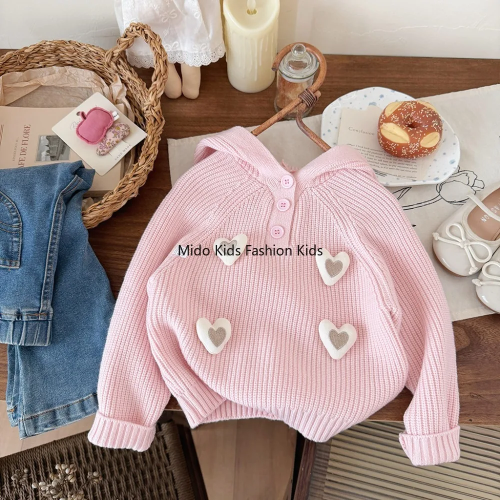 High Search Exposure Girls 2026 Autumn Winter Hooded Knit Sweater Heart Pattern Soft Cute Versatile Kids Fashion Pullover Top