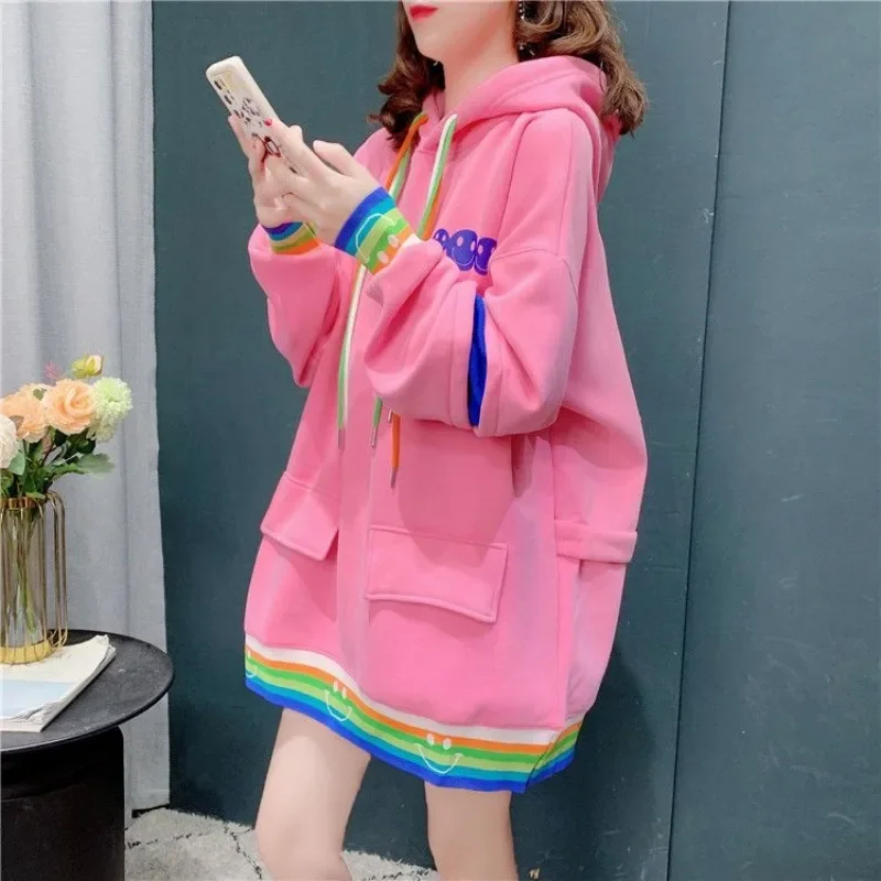 Women's Hooded Patchwork Drawstring Hoodies 2023 Autumn and Winter New Loose Fashion Korean Printed Long Sleeve Pullover Tops