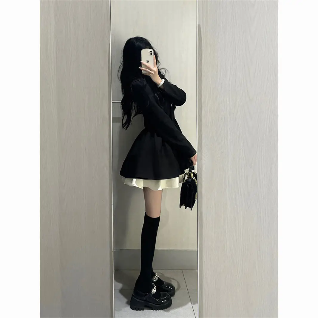 French High-end Temperament Black Suit Dress Women\'s Plus Size Waist Cinched Princess Puffy Skirt