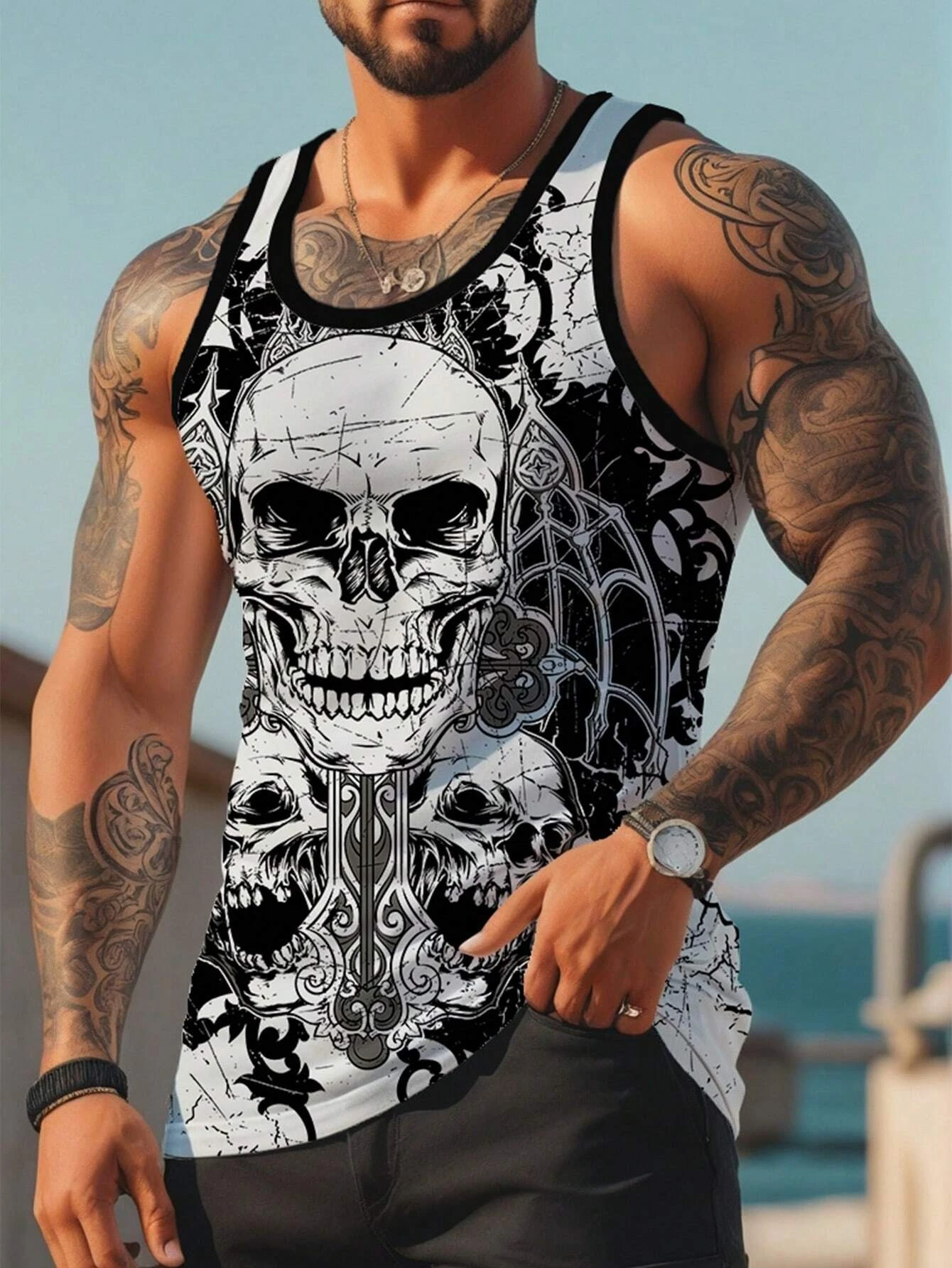 

Men's Casual Skull Printed Round Neck Sleeveless Vest Top Summer Oversized Shirt Men Clothing New In Tops Men's T-shirts Top Tee