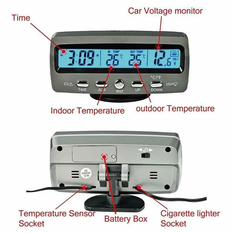 4-in-1 12V Car LED Digital Display Voltmeter Clock Indoor/Outdoor Temperature