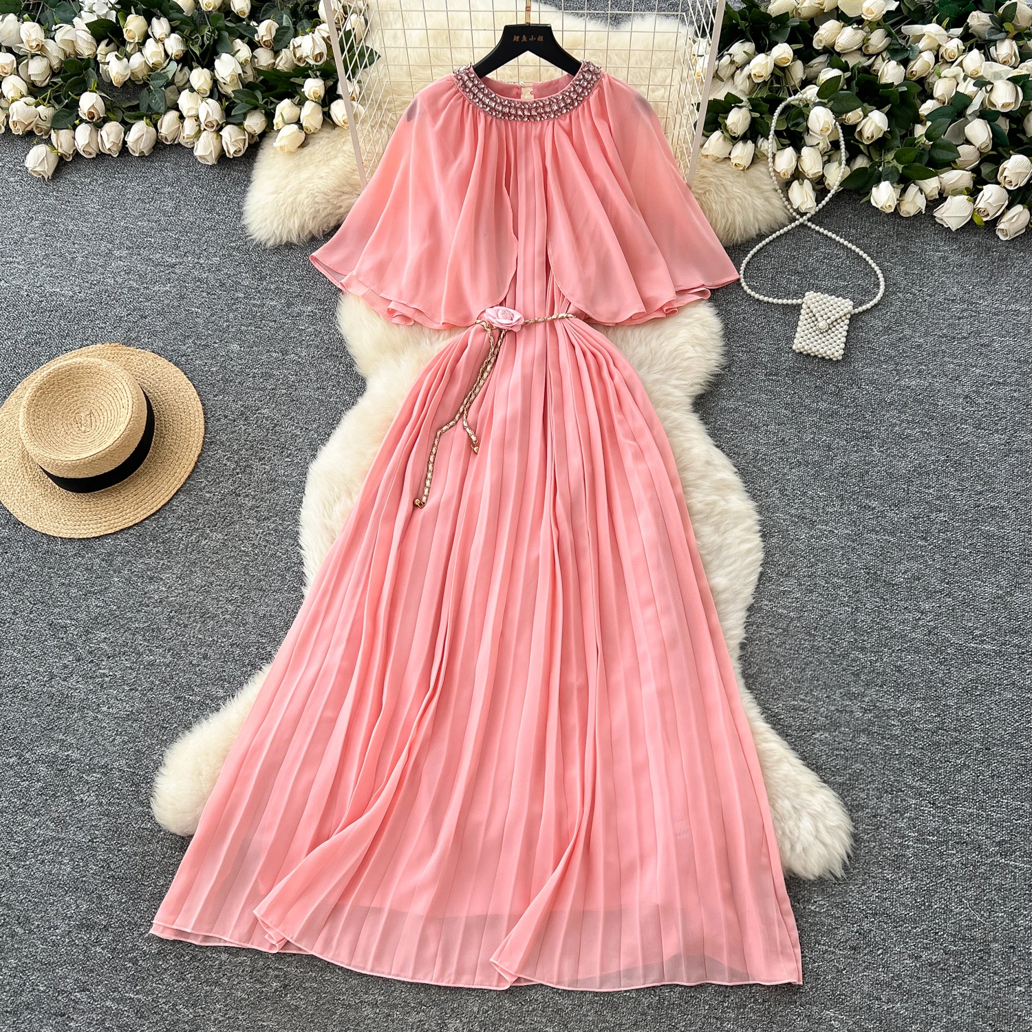 

Chic Sexy rhinestone Spliced chiffon Ruched Fairy A-line loose Summer Women Boho Sundress women clothing