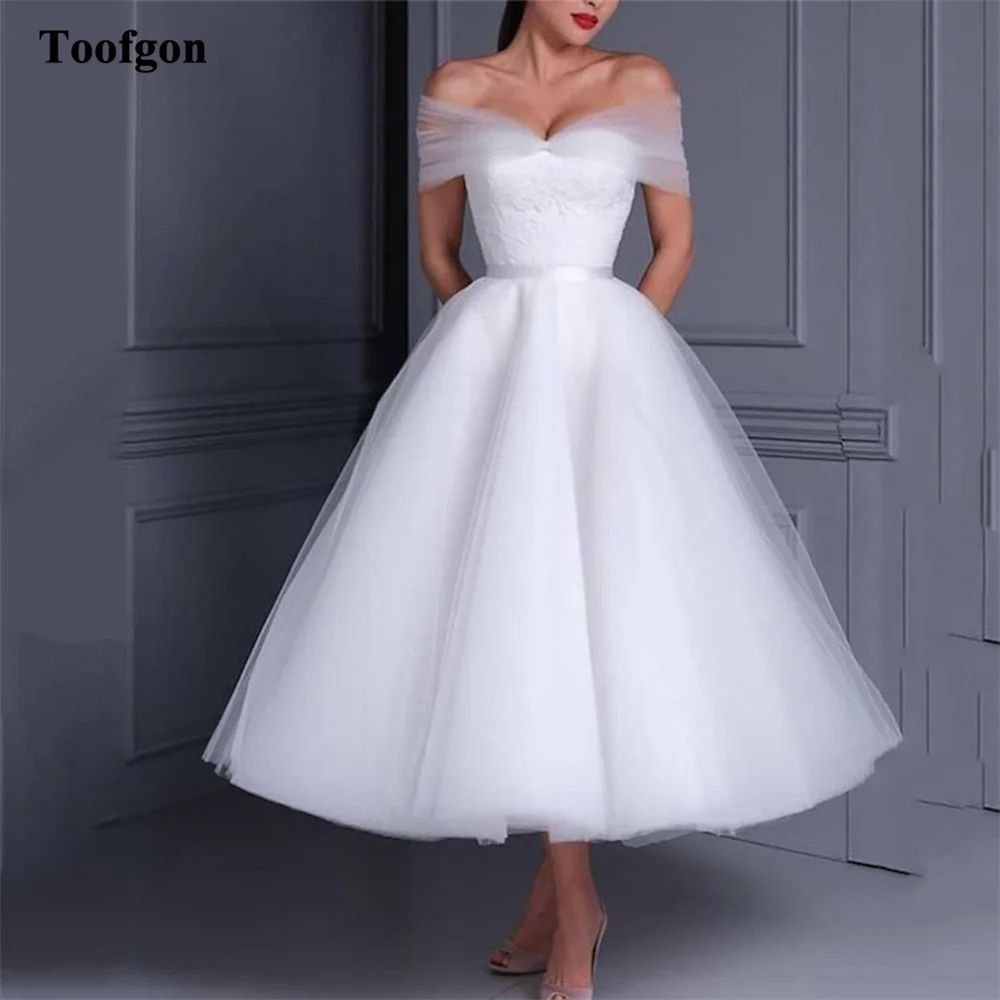 

Toofgon Simple Tea Length Midi Wedding Dresses Off The Shoulder Lace Top Tulle Bridal Gowns Bride Formal Party Dress Customized