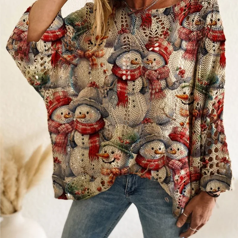 

Женский модный вязаный свитер на осень-зиму с открытыми плечами и ромбовидным вырезом в виде крыла летучей мыши контрастного цвета, свободный рождественский принт со снеговиком