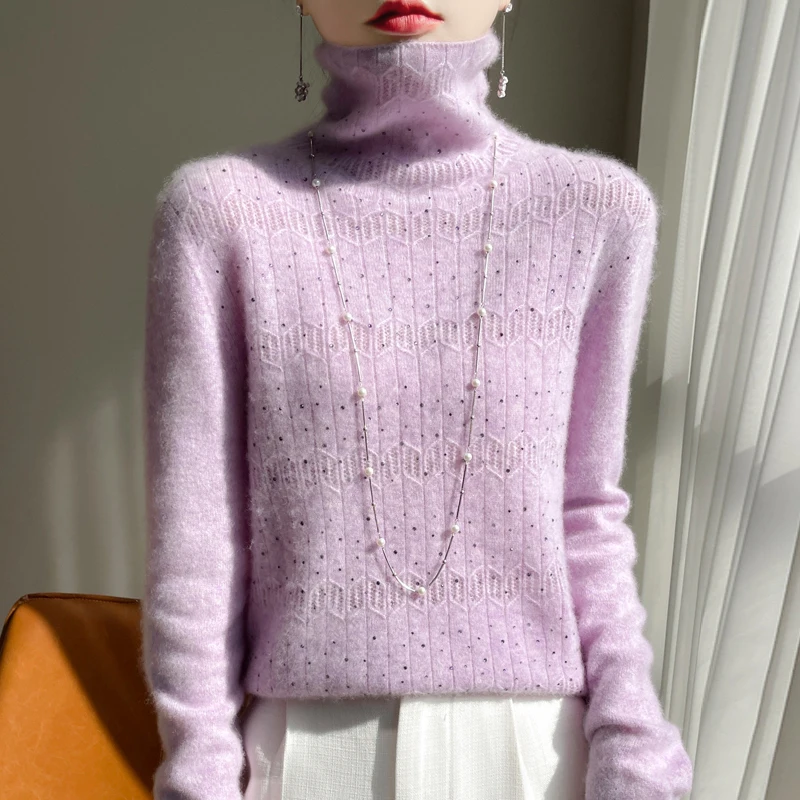 

New diamond-encrusted high-necked cashmere sweater for women in autumn and winter 100 sweaters piled with collars and bottoming