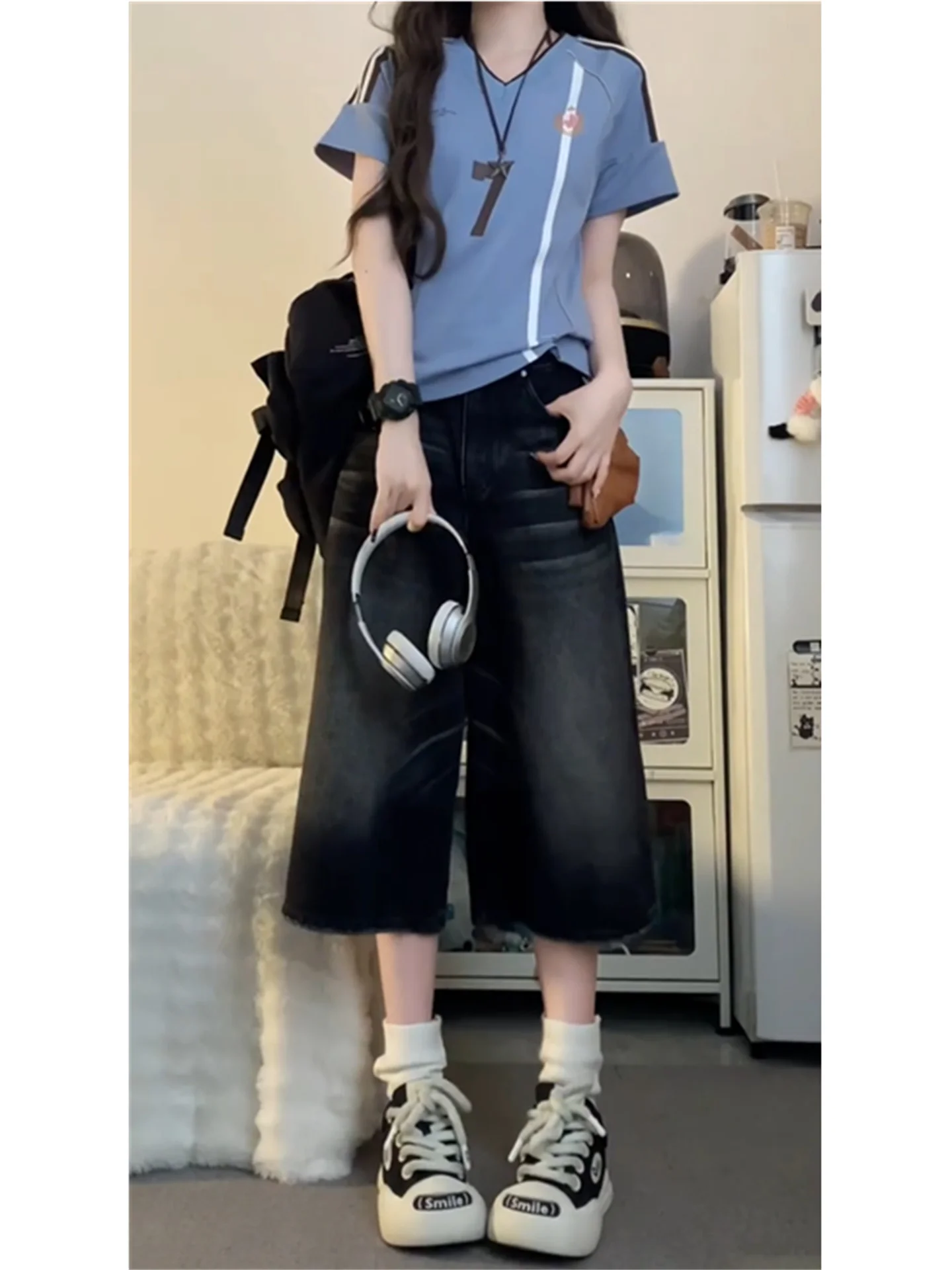 

Американские винтажные серо-черные женские джинсы 7/8 длины с высокой талией, свободного кроя, с эффектом похудения, выстиранные, повседневные, хлопковые, летние