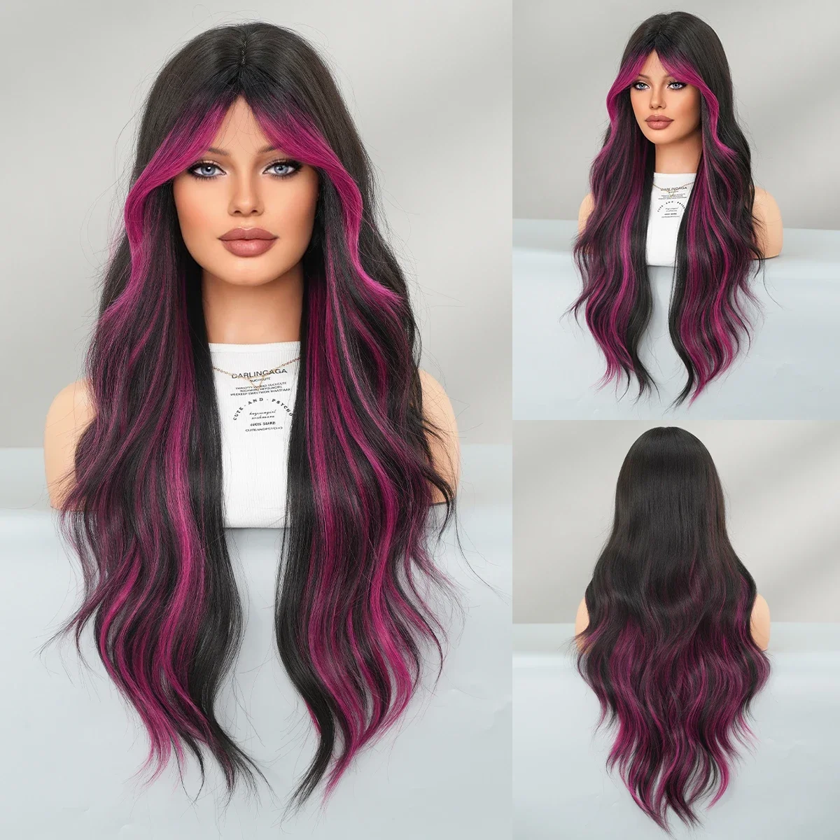 PARK YUN Long Wave Deep Purple Highlight Black Wigs for Women Daily Party Use High Density Fluffy Layered Synthetic Hair Wig