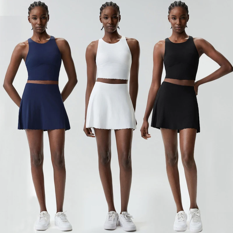 Women Two Pieces Fitness Yoga Set Summer Solid Color Tennis Skirt Breathable Quick Dry Running Suit Female Short Sportswear