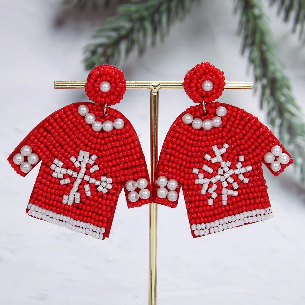 Vintage Xmas Merry Christmas Earrings Snowflake Sweater Handmade Beaded Ear Drop Creative Snowman Boots Ear Stud Accessories