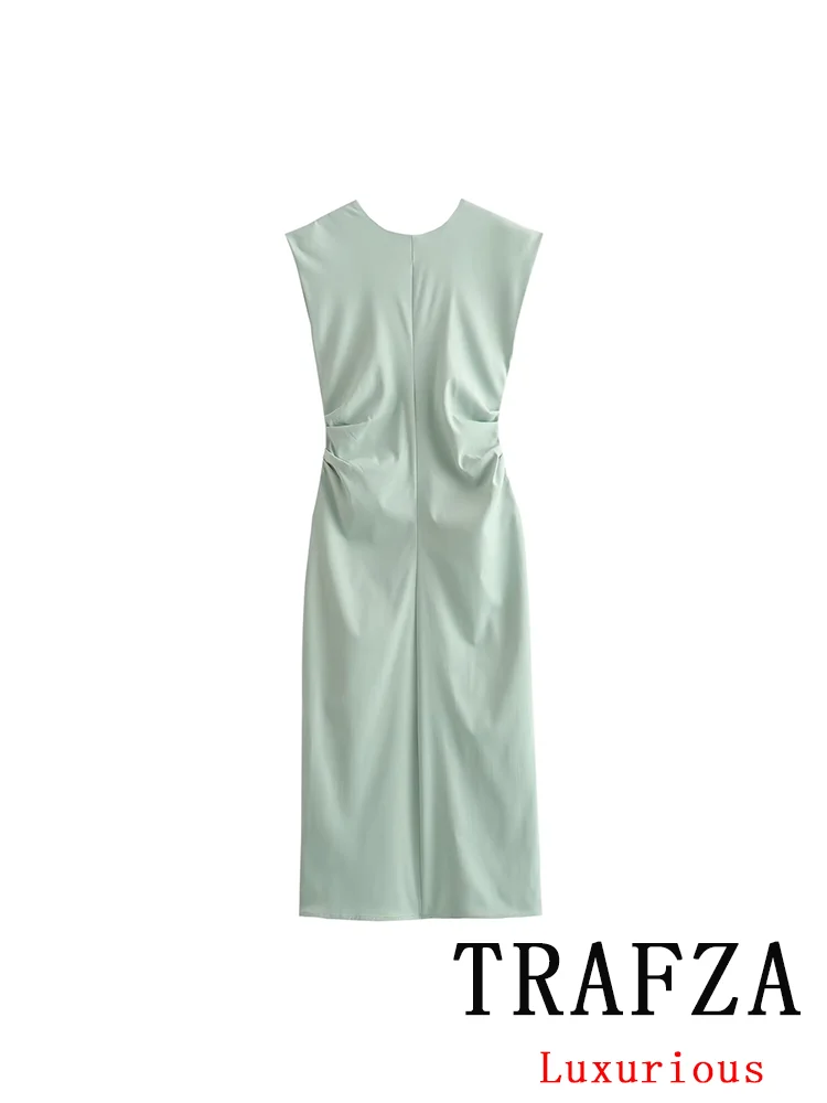 TRAFZA Vintage Chic Casual Sexy Women Dress Solid Light Green Sleeveless Folds V-Neck Long Vestidos Fashion 2024 Summer Dress