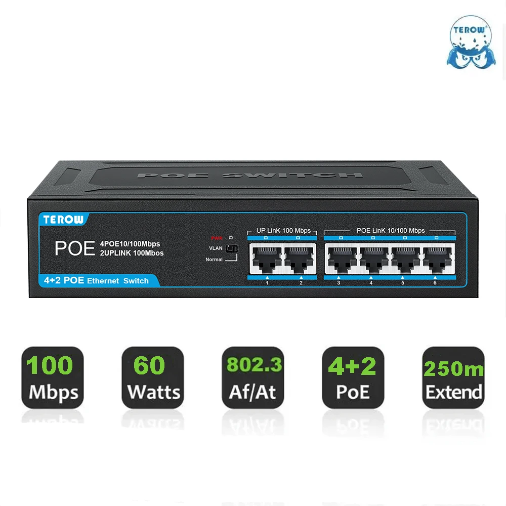 POE Switch 4 POE+2 UpLink 100Mbps TEROW Fast Ethernet Network Switcher IEEE802.3af/at 60W Built-in Power for IP Camera