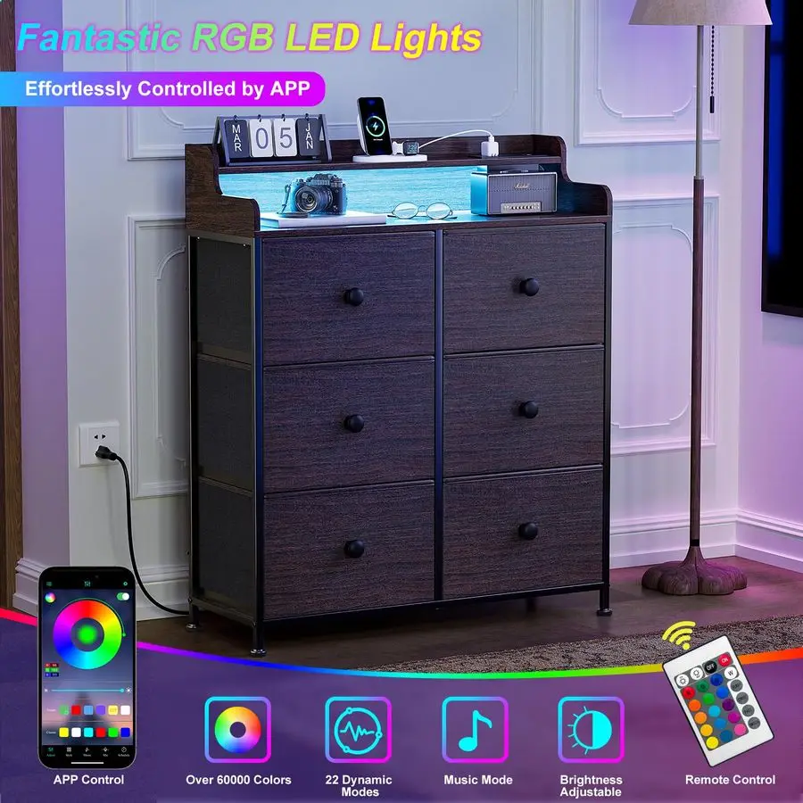 Cómoda para dormitorio con estación de carga y luces LED, mueble para TV con 6 cajones y tapa de madera, cómoda alta de tela