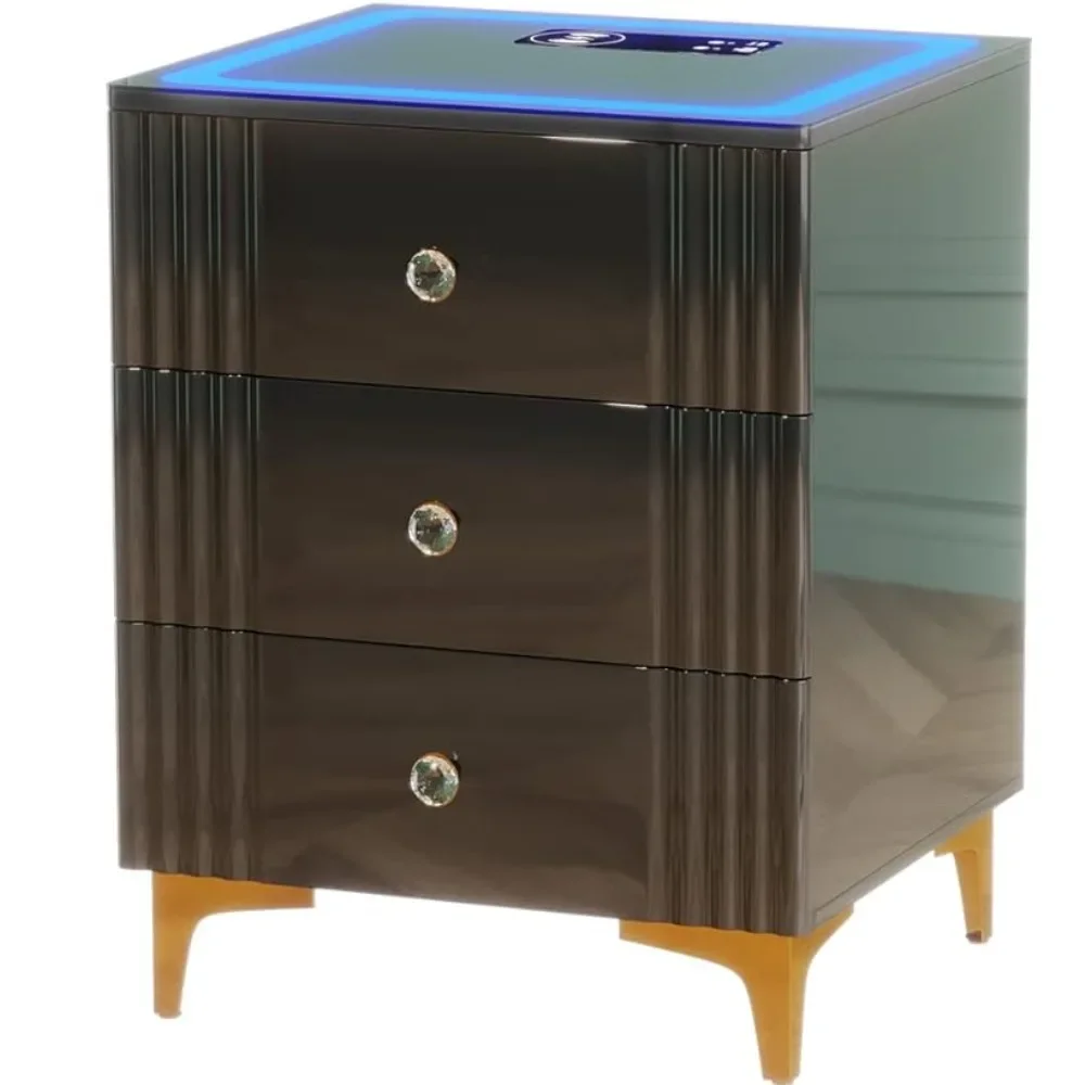 Bedside Table With Wireless Charging Station Bedroom Furniture Smart Glossy Nightstand With 3-color Dimmable  Light