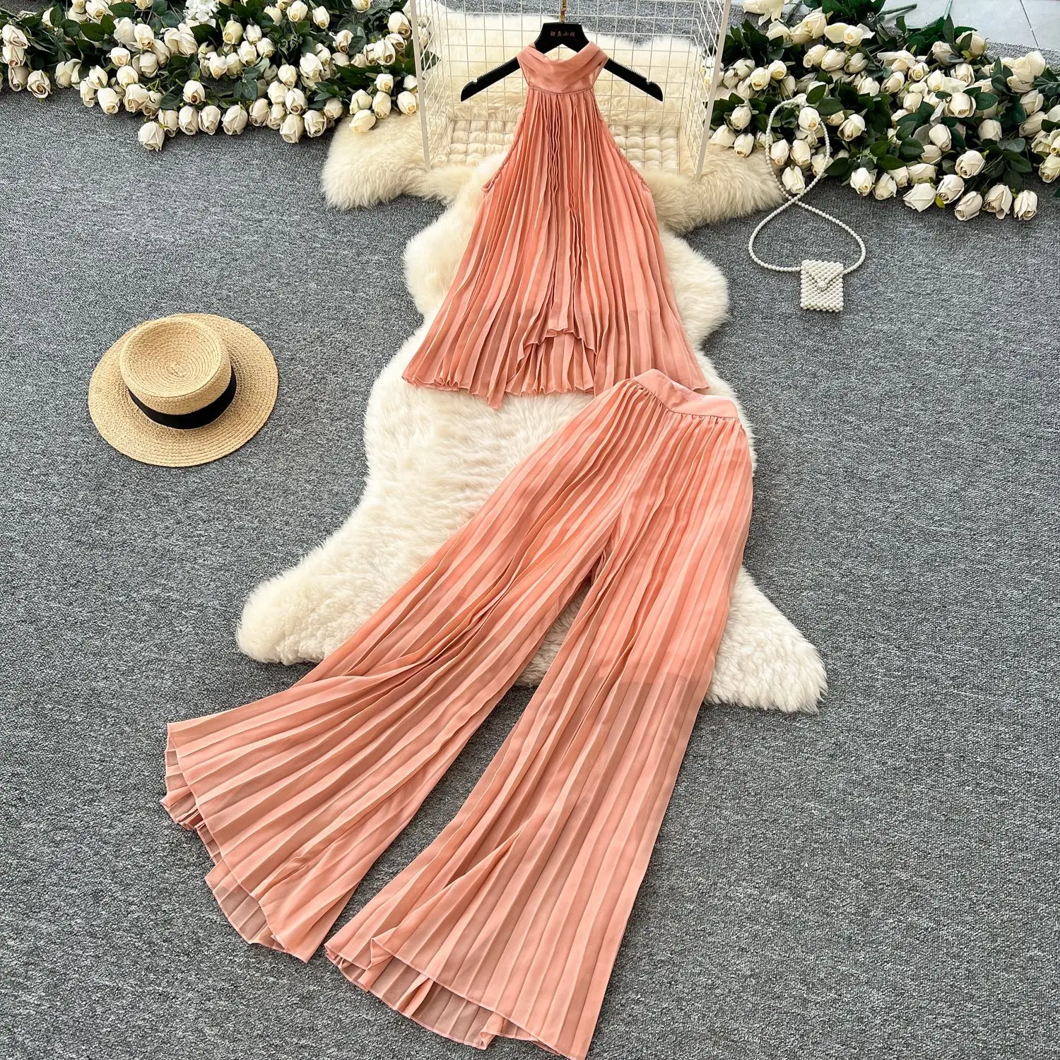 

Pant Set Women Two Piece Sets Round Neck Sleeveless Tops Wide Leg Long Pants High Waist Pleated Y2k Streetwear Elegant Splice