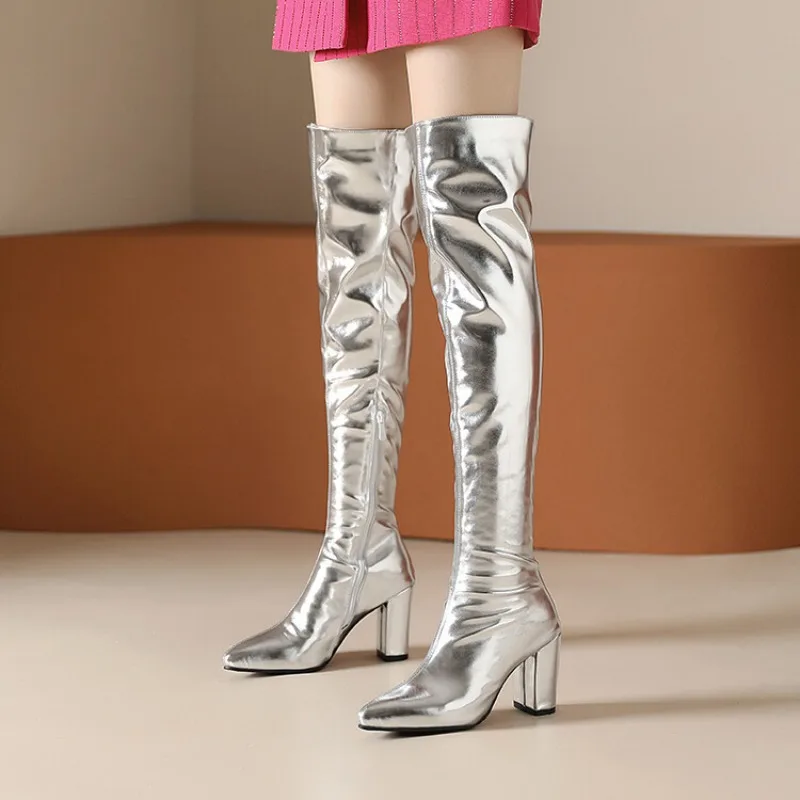 

Silver Gold 8.5cm High Heel Over The Knee Boots Women Short Plush British Style Straight Barrel Knight Boots Size32-46Lady Shoes