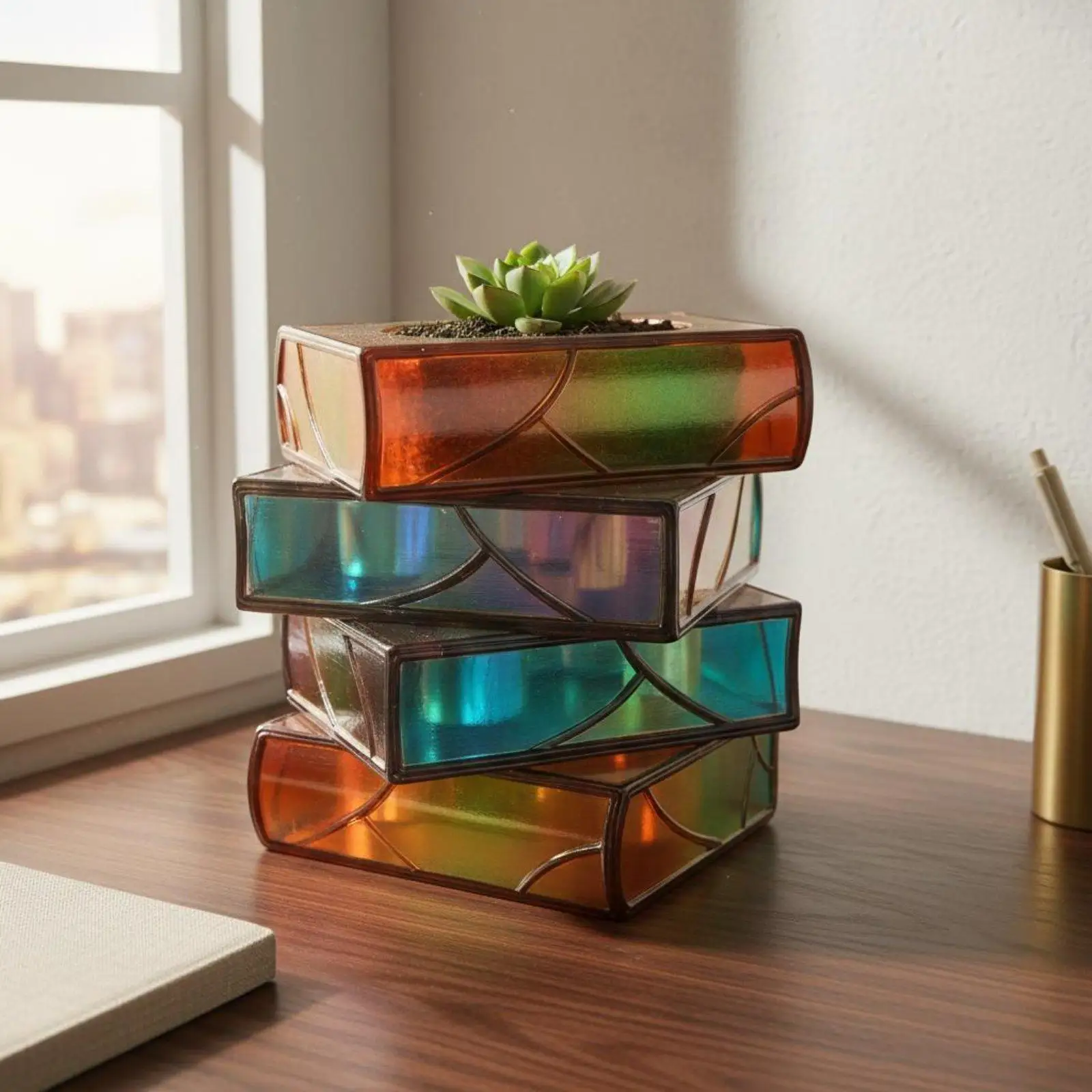 Stacked Books Flower Pot Shatter Resistant Book Stack Planter for Office, Garden
