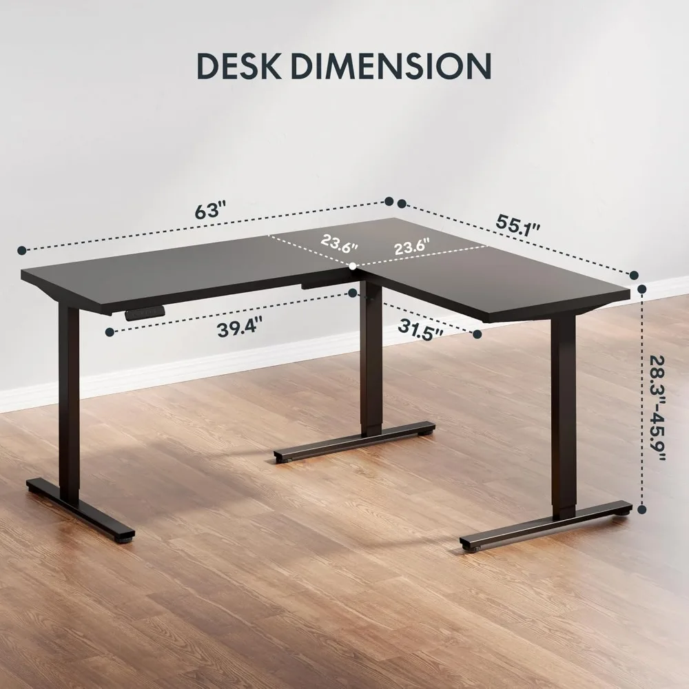 Electric Adjustable Height Corner Standing Desk, 63 x 55 L-Shaped Sit-Stand Computer Desk with Spacious Layout