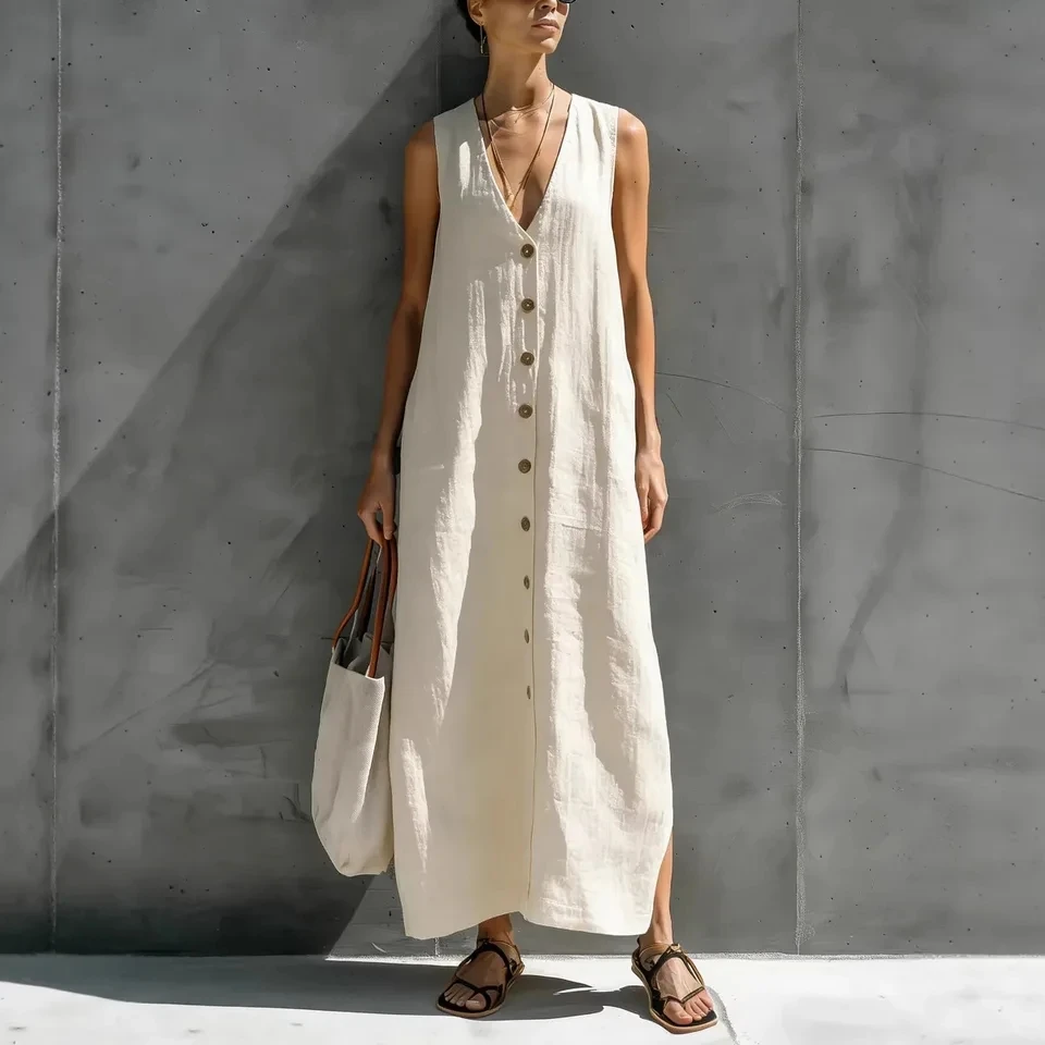 

Новое женское минималистичное длинное платье 2026 года с V-образным вырезом, на пуговицах, без рукавов, свободного кроя, однотонное, с юбкой макси