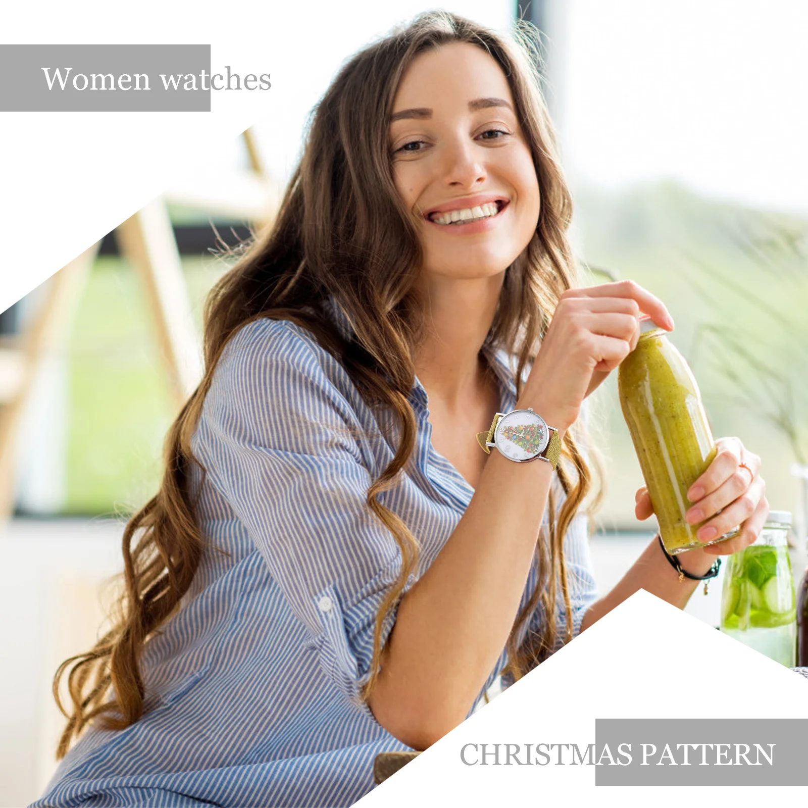 Relógio Feminino com Padrão de Natal em Aço Inoxidável e Liga de Zinco, Elegante, à Prova de Ferrugem, Longa Duração, Presente de Natal