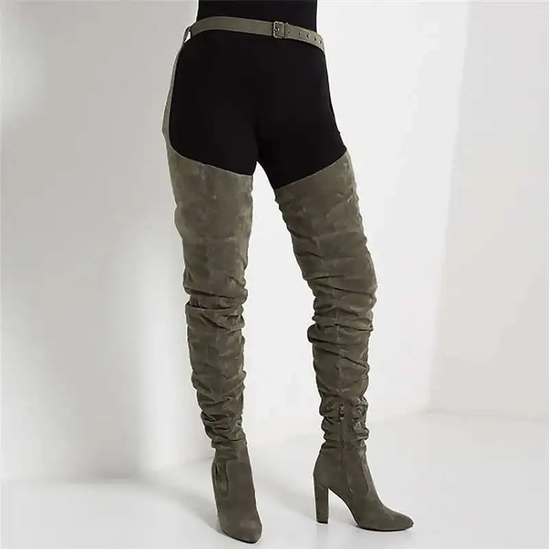 

Army Green Belt Thigh High Boots Suede Women Winter Chunky Heels Leg Boots