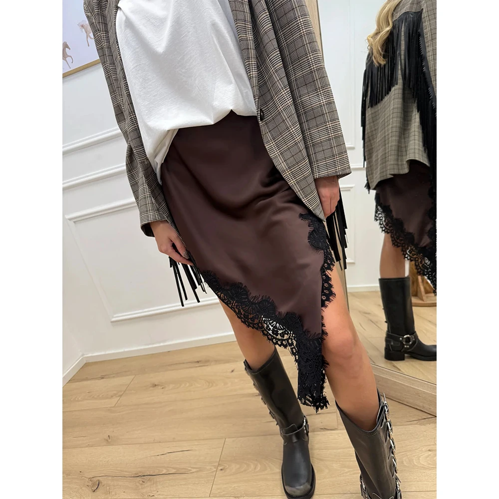 

Women y2k Vintage Coquette Satin Slik A-line Skirts Elegant Sexy Irregular Lace Trim Hem High Waist Short Skirts Streetwear