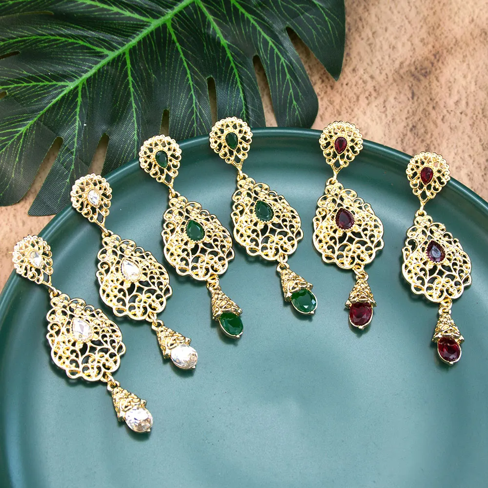 Sunspicems Mode Gold Farbe Arabisch Frauen Ohrring Hohl Arabesque Marokkanischen Kristall Eardrop Braut Hochzeit Schmuck