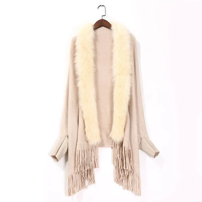 

Autumn Winter Imitation Wool Collar Knitting Shawl Imitation Cardigan Shawl Poncho Fashionable Upscale Capes Beige Cloaks